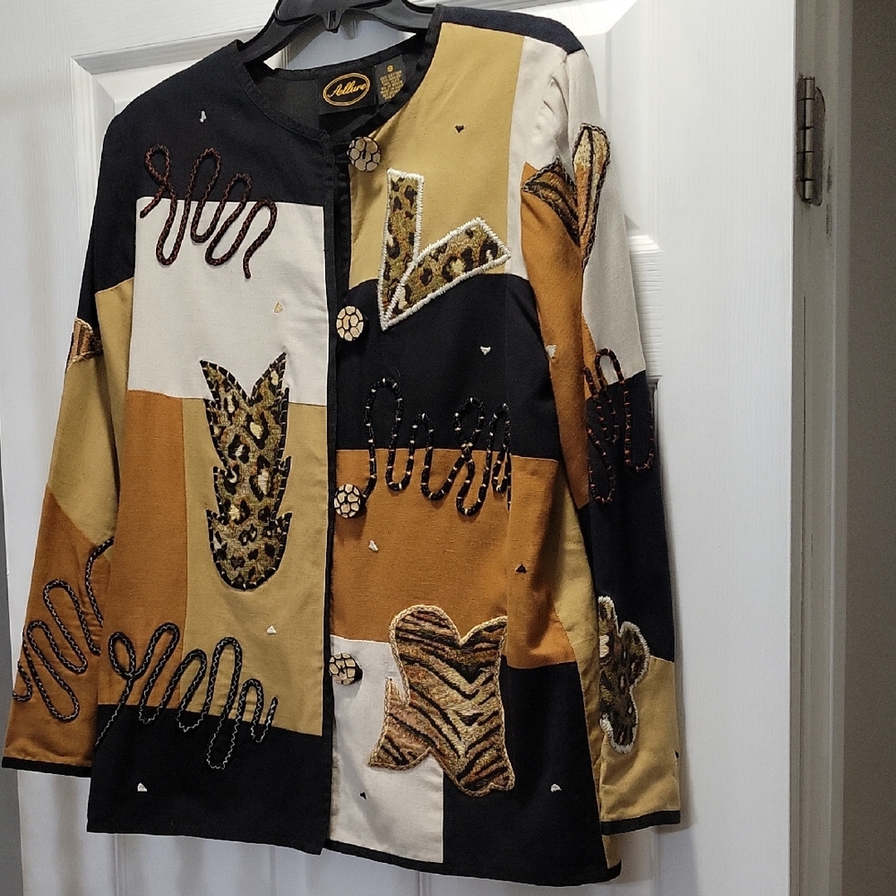 Allure Patchwork Embellished Black, Brown & Cream Blazer